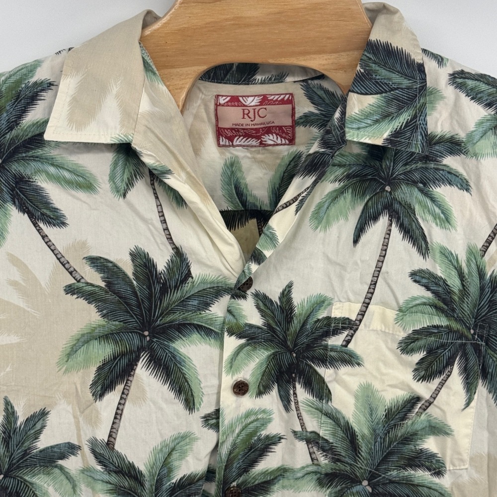 RJC Mens Hawaiian Aloha Shirt XL Cream Green Palm Tree Tropical Made in USA